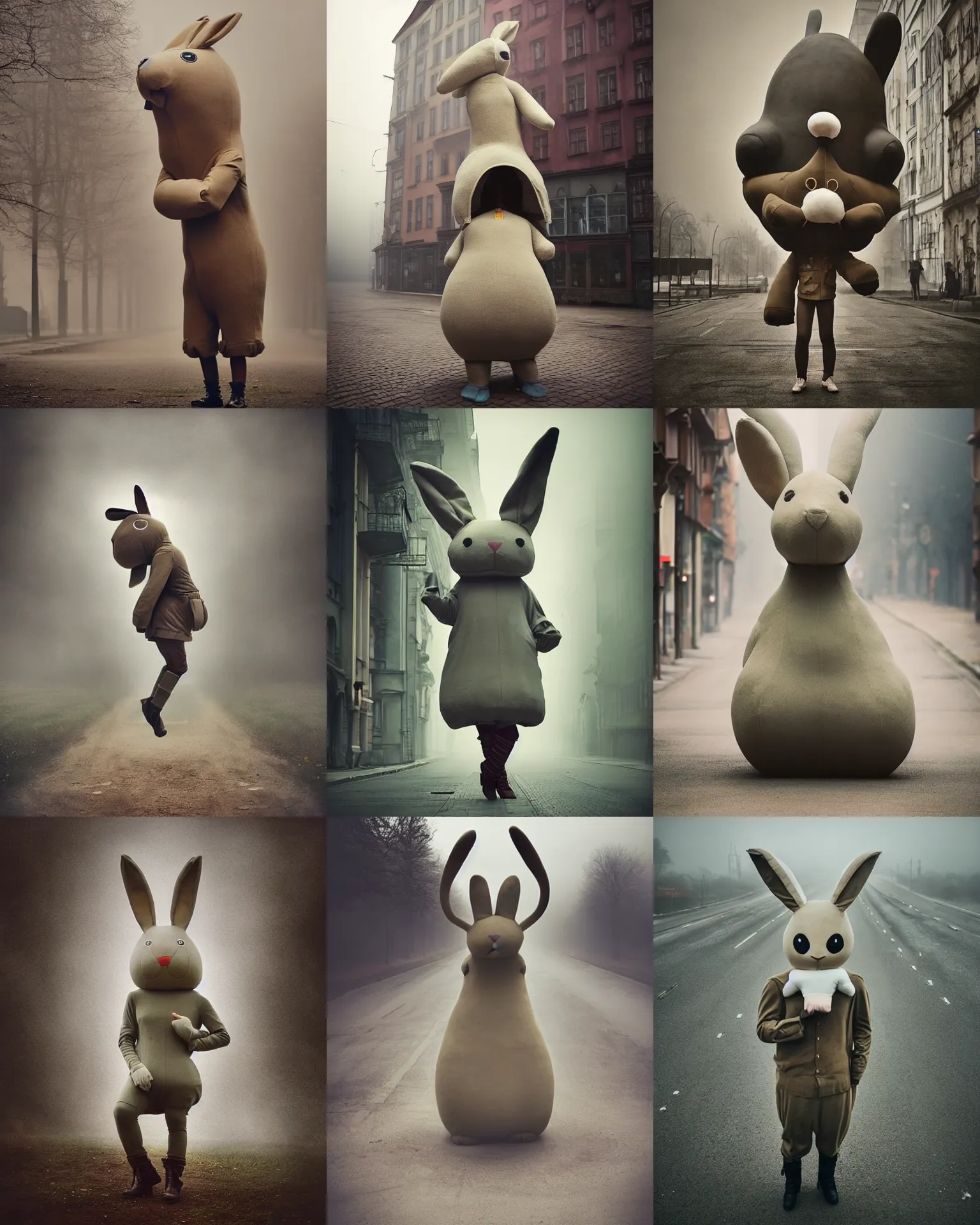 Prompt: epic pose!!! giant oversized anthropomorphic rabbit wearing combat boots, in legnica, full body, cinematic focus, polaroid photo, vintage, neutral dull colors, soft lights, foggy mist, by oleg oprisco, by thomas peschak, by discovery channel, by victor enrich, by gregory crewdson