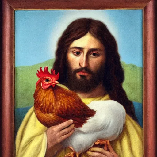 Image similar to jesus christ holding a chicken, portrait,