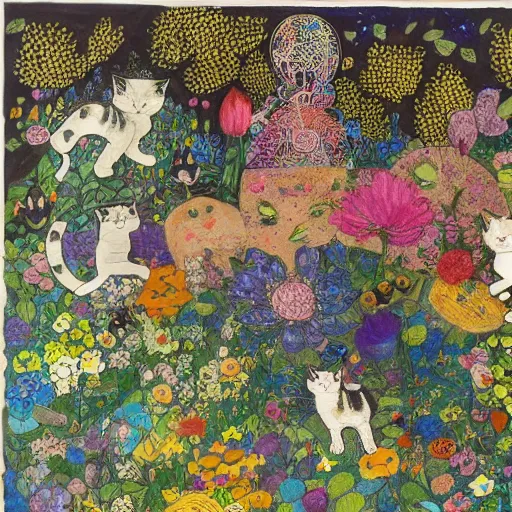 Image similar to a group of cat playing in a garden of flowers, a mix media painting by Victo Ngai, laurel burch and Leonardo da Vinci, cluttered , child's drawing