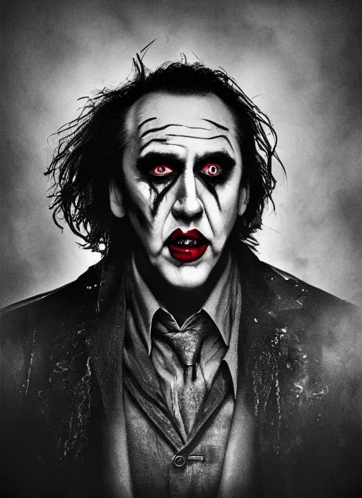 Image similar to photo of Nicolas Cage as the Joker by Lee Jeffries, smiling, detailed, award winning, Sony a7R