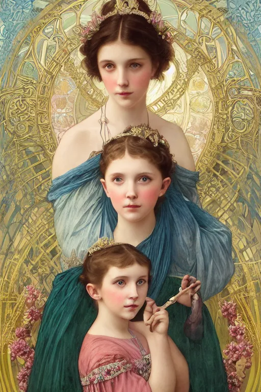 Image similar to a beautiful painting of a blushing princess in a tiara and an iridescent art nouveau gown resembling millie bobby brown watching the lantern festival in ancient london, intricate, elegant, highly detailed, digital painting, artstation, concept art, by krenz cushart and artem demura and william adolph bouguereau and alphonse mucha