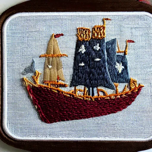 Image similar to a tiny beautiful handmade embroidery of a pirate ship on the ocean. hand embroidery.