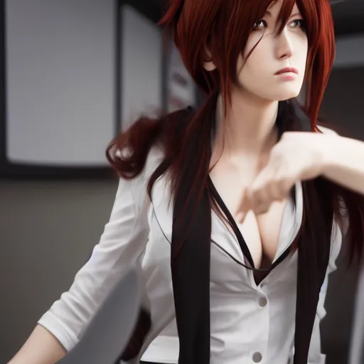 Image similar to cosplay on hot makise kurisu, ultra - hd, hcl, 1 2 - bit, ar, volumetric lighting, screen space global illumination, opaque, optics, lumen reflections, vfx, insanely detailed and intricate, hypermaximalist, elegant, ornate, hyper realistic, super detailed, full body