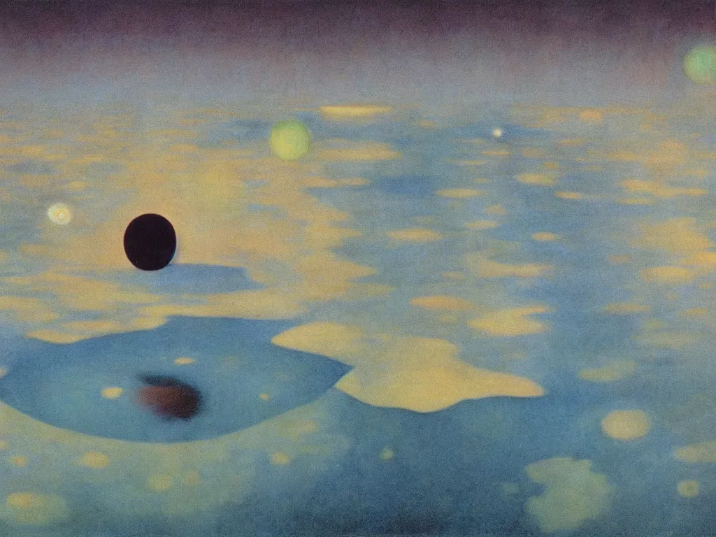 Prompt: Glowing blue eyes floating over the salt desert. Extinct fauna. Rust, spiral, melancholy, star. Painting by Rene Magritte, Agnes Pelton, Max Ernst, Yves Tanguy, Beksinski