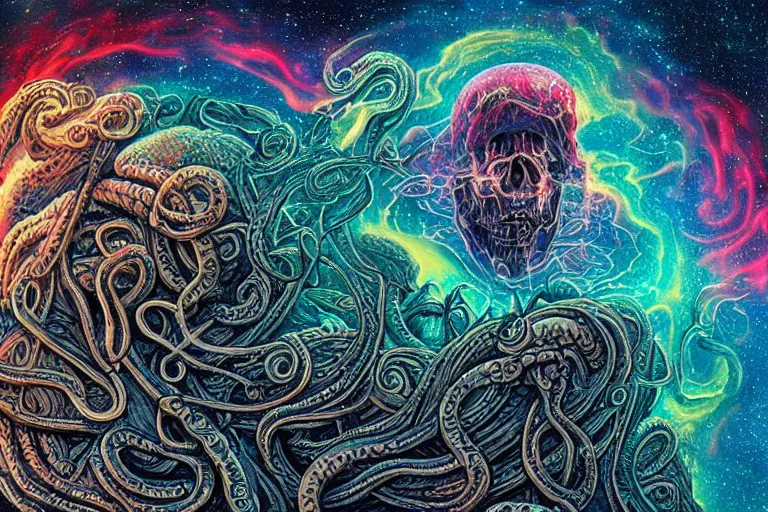 Prompt: a giant skull and flesh creature with deep and intricate rune carvings and twisting lovecraftian tentacles emerging from a space nebula by dan mumford, twirling smoke trails, a twisting vortex of dying galaxies, collapsing stars, digital art, photorealistic, vivid colors, highly detailed, intricate
