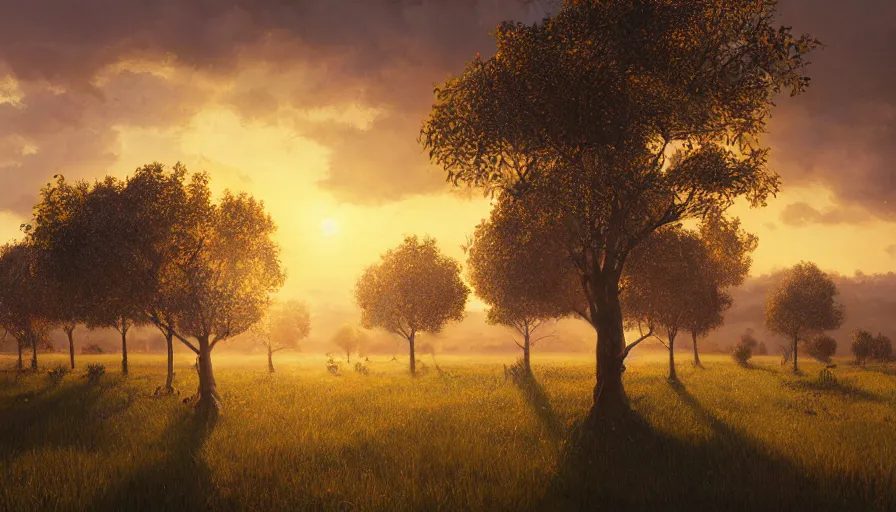 Image similar to cow pasture with fruit trees in sunset, back light, highly detailed, cinematic lighting, highly angle, volumetric, photorealistic, digital art painting by greg rutkowski