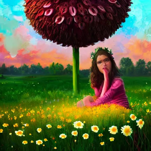 Image similar to giant daisy flower head, girl sitting in a flower field, surreal photography, sunrise, dramatic light, impressionist painting, colorful clouds, digital painting, artstation, simon stalenhag