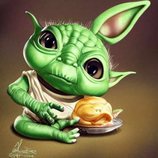 Prompt: Betty White ((baby yoda)) trying to eat a cute alien grasshopper, happy, happy, very cute, concept art, photorealistic, hyperdetailed.