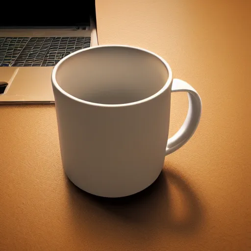 Image similar to a mug on an office desk, iso 300, pentax, photorealism, octane render