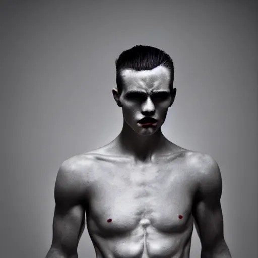 Prompt: a portrait of a beautiful athletic young male demon, photographed by erwin olaf, artistic