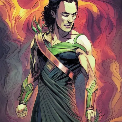 Image similar to The artwork for a graphic novel, Loki, the god of mischief, in a variety of emotional states. Lee Garbett, 2015. illustration, wonderfully detailed, each expression on face is well captured.