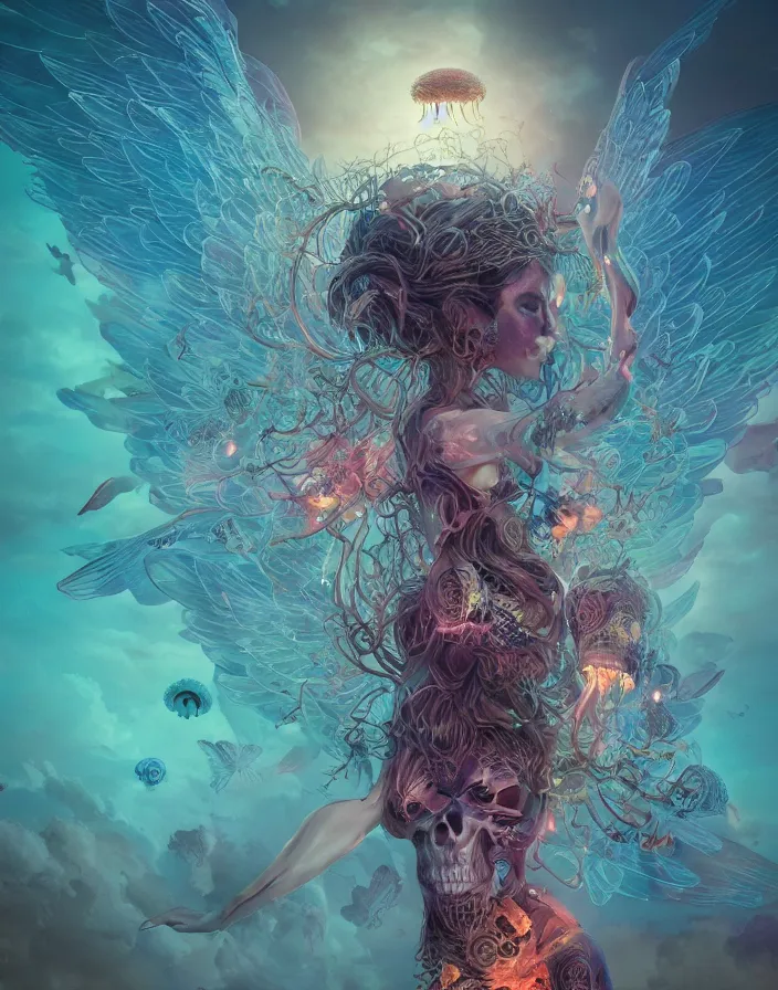 Prompt: goddess of death. human skull jellyfish butterfly phoenix head bird wings. burning water. intricate artwork by Tooth Wu and wlop and beeple and dan mumford and greg rutkowski. octane render, cinematic, hyper realism, octane render, 8k, depth of field, bokeh. iridescent accents