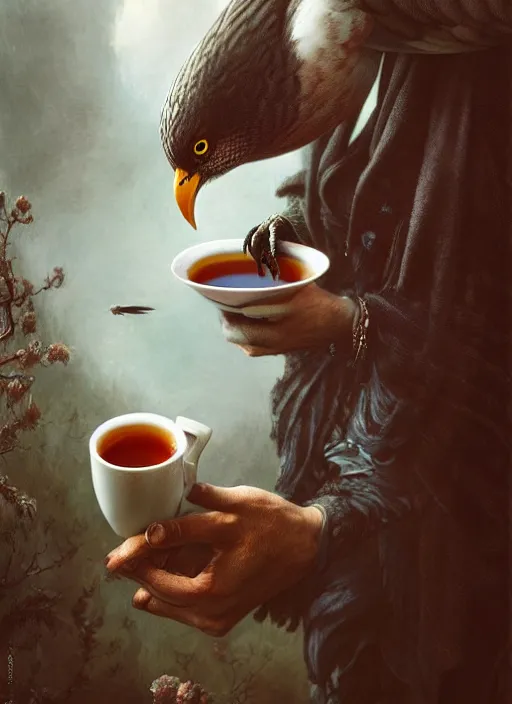 Image similar to a bird holds a cup of tea in its hands, hyperrealism, no blur, 4 k resolution, ultra detailed, style of tyler edlin, tom bagshaw, arthur rackham, ivan shishkin