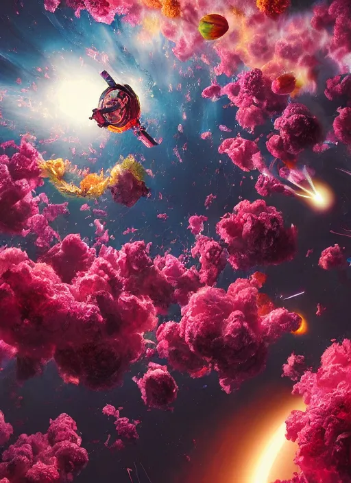 Image similar to An epic fantastic realism comic book style painting of the most beautiful flowers launched into space, bouquets, everything being pulled into a black hole, floral meteor, fisheye, unreal 5, DAZ, hyperrealistic, octane render, dynamic lighting