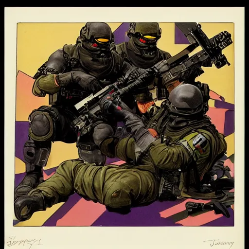 Image similar to blackops operator choking out a guard. rb6s, MGS, and splinter cell Concept art by James Gurney, Alphonso Mucha. Vivid color scheme.