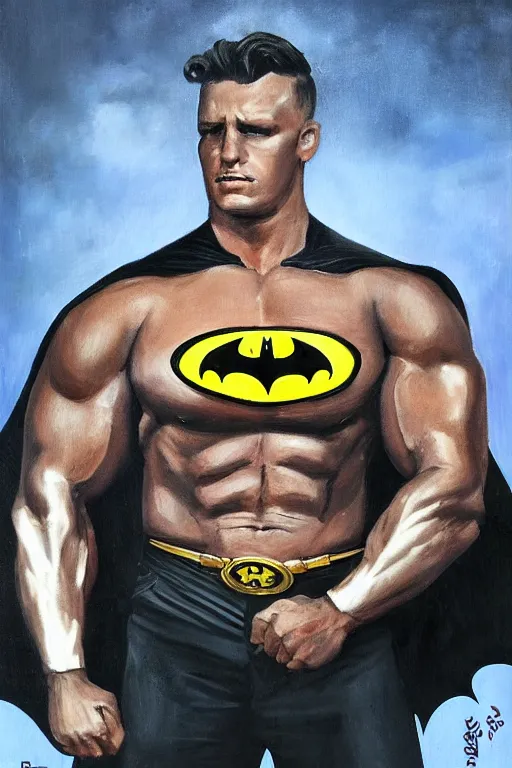 Prompt: A portrait painting of a masculine bodybuilder in the clothing of the Batman