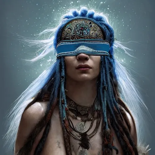 Image similar to A blindfolded shaman woman with a decorated headband, in the style of heilung, blue hair dreadlocks and wood on her head, atmospheric lighting, intricate detail, cgsociety, ambient light, dynamic lighting, art by karol bak