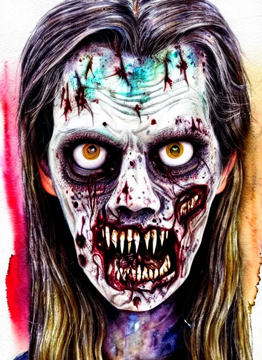 Prompt: zombie hollywood professional acting headshot, hyperrealism, intricate detailed, studio lighting, charming expression gesicht, watercolor art, drawn and painted, colored layers, dulled contrast, exquisite fine art