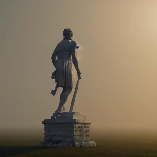 Image similar to Great Statues of Greek Gods stand tall and white in the bright sun amidst the fog of war, octane render 8K HD photorealistic