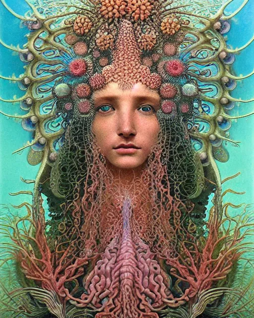 Image similar to realistic detailed underwater face portrait of the beutiful young goddess of the fish of the fractal waters with an intricate headdress of corals, sea kelp, sea plants, coral reef, fish, jellyfish, art by ernst haeckel, zdzisław beksinski, hieronymus bosch, gothic, neo - gothic, ornamental, beautiful deep colours,