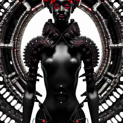 Image similar to portrait of an absurdly beautiful, graceful, sophisticated, fashionable black cyberpunk mechanoid gravure idol, hyperdetailed illustration by irakli nadar, adut akech, matt wisniewski style, intricate linework, dark black porcelain skin, jellyfish headdress, unreal engine 5 highly rendered, global illumination, red light, detailed and intricate environment