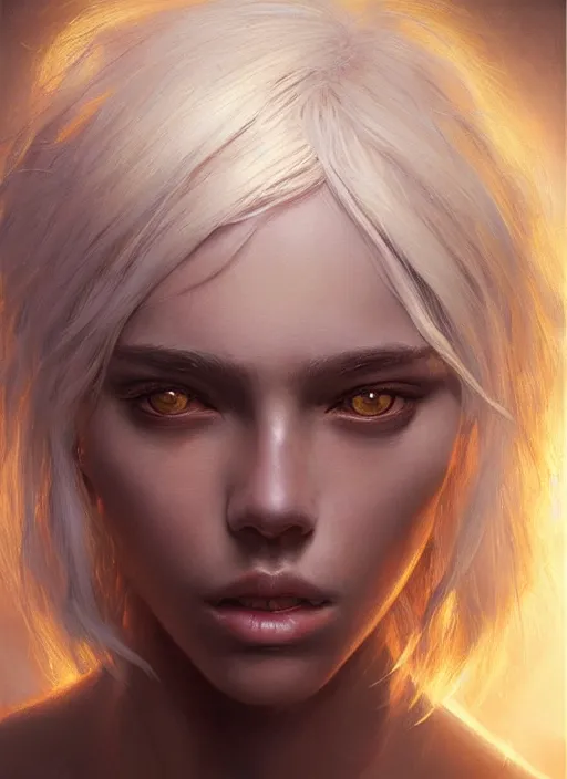 Image similar to girl with unkempt gold and silver hair, beautiful highly detailed face, complementary lighting, backlit, eyeshadow, divine, beautiful painting by artgerm and greg rutkowski and raymond swanland