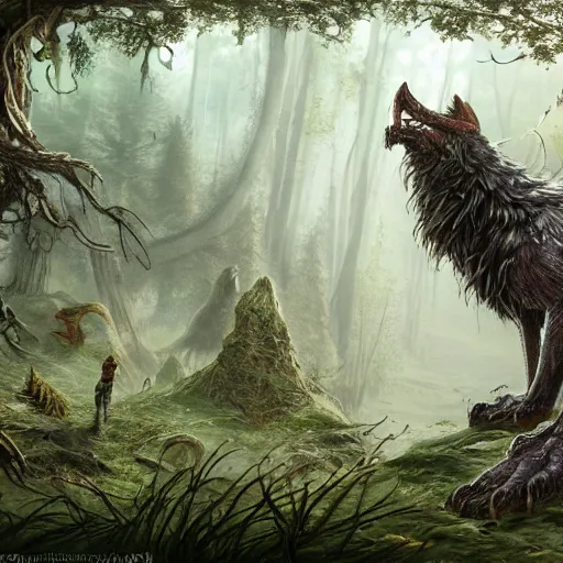 Image similar to highly detailed, ancient forest, elves, spiders, wizards, trolls, goblins, eagles in the sky, giant wolves, concept art, character art, studio lightning, bright colors, intricate, masterpiece, photorealistic, hyperrealistic, sharp focus, high contrast, artstation hq, deviantart trending, 8 k uhd, unreal engine 5