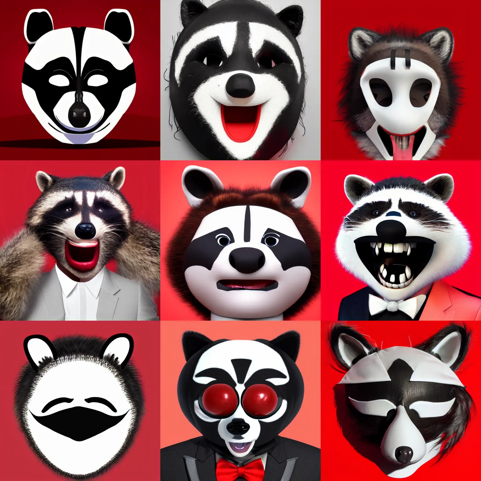 Prompt: A person with a raccoon head mask, looking left, tongue sticking out, mouth closed, neck visible, wearing a white tuxedo, artstation, red background