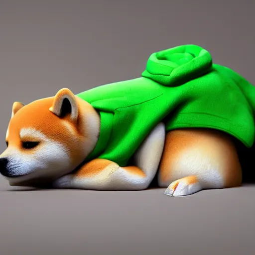 Image similar to a Shiba Inu wearing a green hoodie sitting on a couch, photo, trending on artstation, HDR, nicely detailed, 8k