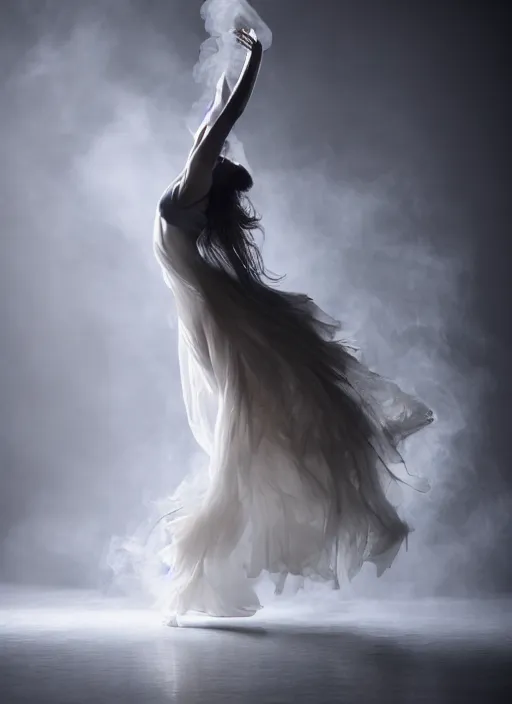 Image similar to a Photorealistic dramatic hyperrealistic render of a beautiful Female smoke dancer by Ken Brower and Deborah Ory of NYC Dance project,Lois Greenfield,Flowing cloth and smoke,Beautiful dynamic dramatic dark moody lighting,volumetric,shadows,cinematic atmosphere,Octane render,8K