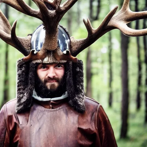 Prompt: a head and shoulders action portrait photo of a knight in an antlered helmet