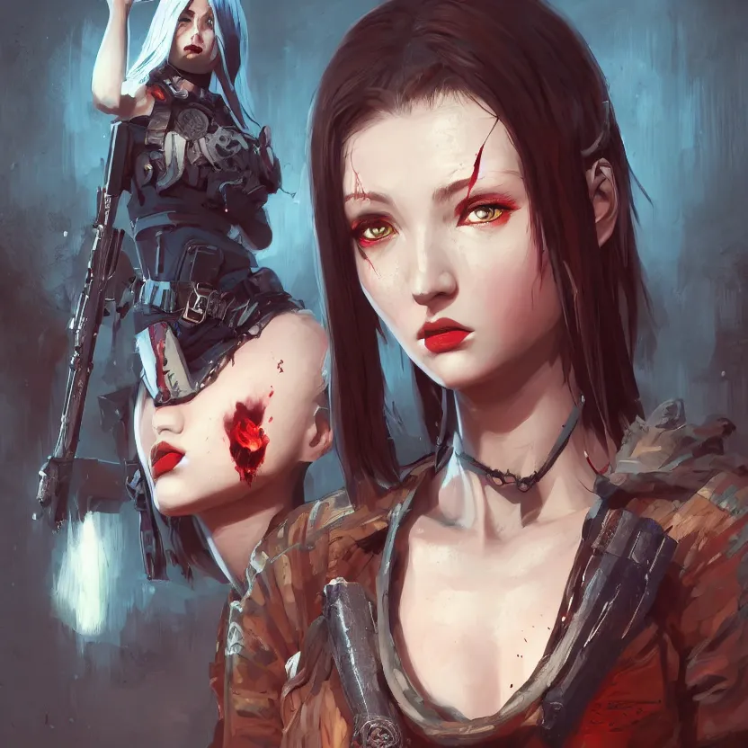 Image similar to full atomic scan face shot of a beautiful warlord girl, in tshirt with her buck knife ready, her morbid interests, irish, by saruei and guweiz and ilya kuvshinov and george miller, digital art, highly detailed, intricate, sharp focus, trending on artstation hq, deviantart, pinterest, unreal engine 5, 4 k uhd image