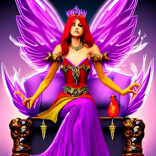 Image similar to Princess sorceress with red flaming bird wings on her back and sitting on an ornate throne dressed in a fancy purple dress, beautiful face, Fantasy, Full Portrait, High detail, realistic, planeswalker