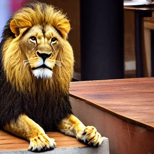 Prompt: a lion sitting on a table with a cup leaking coffee on the table next to him.