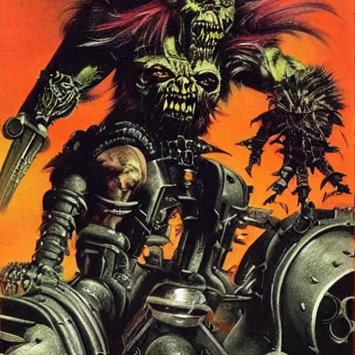 Image similar to Heavy metal Ork, Orkboy, Ork, 80s metal, mohawk, shaggy hair, New Wave of British Heavy Metal, Frank Frazetta, pulp art, illustration