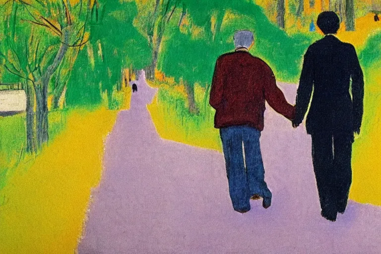 Image similar to a very tall man with dark hair holding the hands of a short young boy with dark hair as they walk down a suburban highway on a bright beautiful colorful day. part in the style of an edgar degas painting. part in the style of david hockney