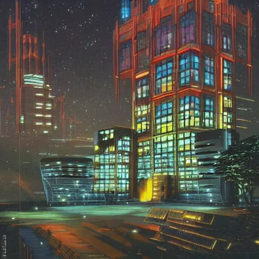 Prompt: glowing sci-fi building in a pleasant urban setting in style of Hiroshi Yoshida