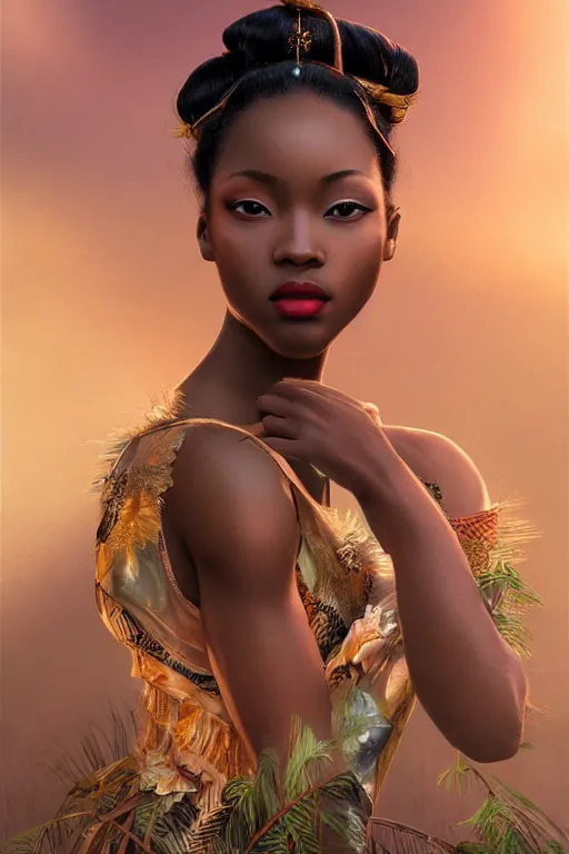 Image similar to stunningly beautiful, nubian geisha prima ballerina in jungle, symmetrical face, golden hour, smooth, focus, highly detailed, hyper realistic, dramatic lighting, elegant, intricate, concept art, art by wlop, mars ravelo, greg rutowski, artstation