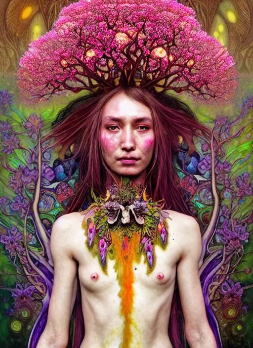 Prompt: extremely psychedelic organic shaman made of orchid and cherry blossom tree and mushroom, diffuse lighting, fantasy, intricate, elegant, highly detailed, lifelike, photorealistic, digital painting, artstation, illustration, concept art, smooth, sharp focus, art by John Collier and Albert Aublet and Krenz Cushart and Artem Demura and Alphonse Mucha