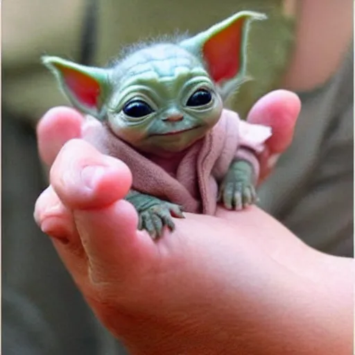 Image similar to a tiny pigmy baby yoda-kitten hybrid in the palm of a person's hand, super cute
