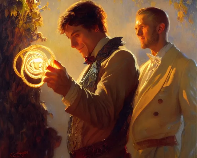 Image similar to attractive magician man, casting light magic, summoning a handsome god. highly detailed painting by gaston bussiere, craig mullins, j. c. leyendecker 8 k