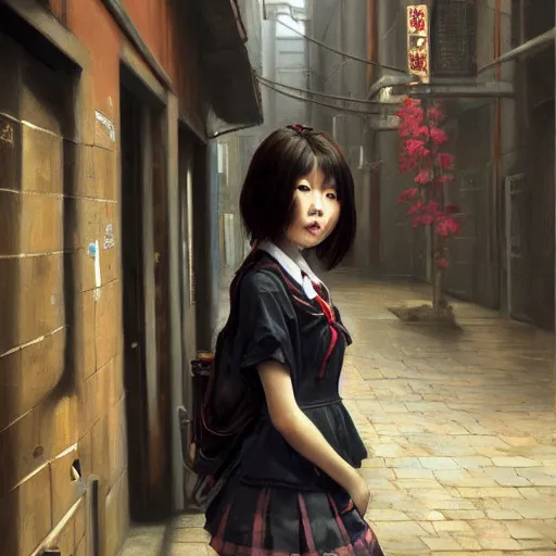 Image similar to a perfect, realistic professional oil painting in baroque style, of a Japanese schoolgirl posing in a dystopian alleyway, close-up, by a professional American senior artist on ArtStation, a high-quality hollywood-style concept