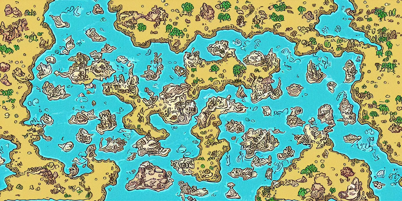 Prompt: a rpg map with continend in colored big regions surrounded by ocean detailed, flat colors and strokes