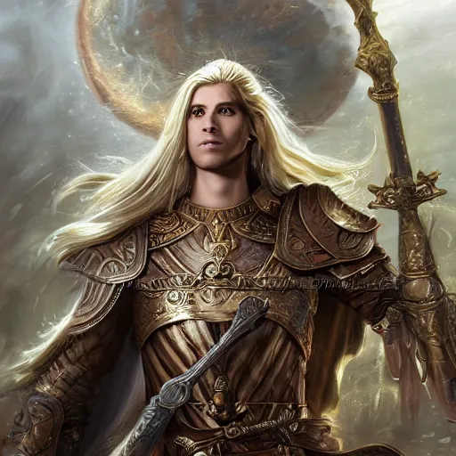 Image similar to Full body shot of beautiful male cleric with long flowing blonde hair wearing burnished bronze armour emblazoned with a swan on the breastplate. Wielding a magical scimitar embossed with the phases of the moon. Magic, bright divine lighting, flux. High fantasy, digital painting, HD, 4k, detailed by Ruan Jia