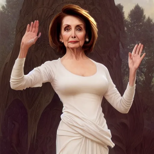 Image similar to Nancy Pelosi is alien princess, white body dress, dramatic, open arms, detailed face, cinematic lighting, intricate, elegant, highly detailed, digital painting, artstation, sharp focus, illustration, art by artgerm and greg rutkowski and alphonse mucha and Wayne Barlowe and william-adolphe bouguereau