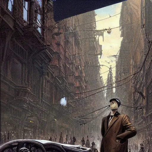 Prompt: a hyperrealistic painting of a steampunk airship pilot standing in the street of a bustling city, blue skies, by john kenn mortensen and zdzislaw beksinski, highly detailed, vivid color,