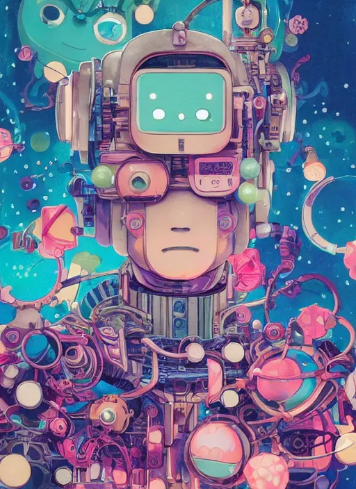 Image similar to a kawaii gouache painting, by yoshitaka amano, by victo ngai, by shaun tan, by good smile company, detailed anime 3 d render of an attractive male modular mechanical android, portrait, cgsociety, by peter mohrbacher, by lisa frank, futuristic setting, gel lighting neon glow