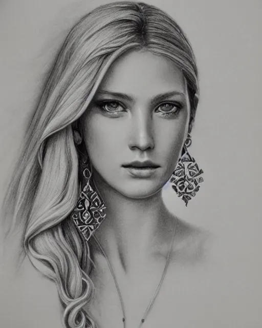 Image similar to pencil drawing of a beautiful greek goddess aphrodite with arrowhead earrings, beautiful piercing eyes, beautiful blonde hair, hyper realistic face, in the style of greg rutkowski, fantasy, amazing detail, epic, elegant, smooth, sharp focus, from the front