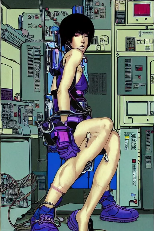 Prompt: cyberpunk illustration of motoko kusanagi seated in the lab, with wires and cables coming out of her head and back, by moebius, masamune shirow and katsuhiro otomo, colorful, detailed, side view