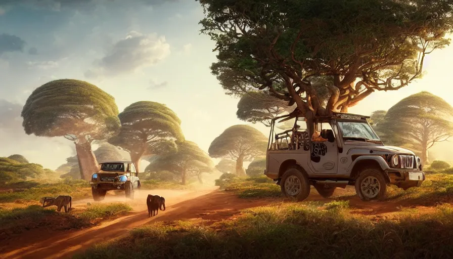 Image similar to mahindra thar driving through madagascar road with baobabs trees, drone view, animals running along, artgerm and greg rutkowski and alphonse mucha, an epic fantasy, volumetric light, detailed, establishing shot, an epic fantasy, trending on art station, octane render, midsommar